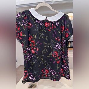 CeCe Black Blouse with Floral Design and White Collar